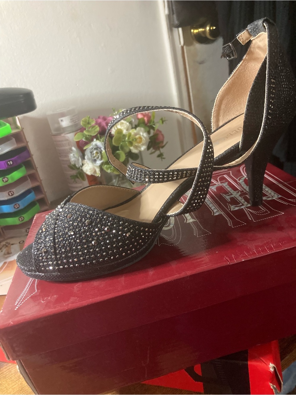 Black Sparkle Peep-Toe Heels with Ankle Strap - Women